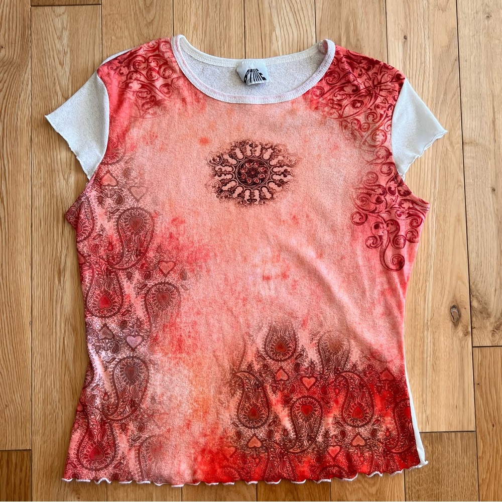 B'time Y2K Red Orange Stretchy Abstract Print Cap Sleeve Top‎ Size Large